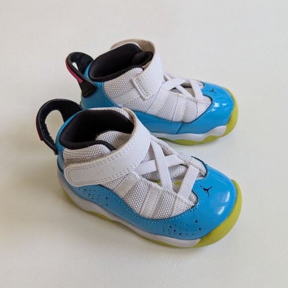 Nike Air Jordan 6 Rings Toddler Sneakers Size 5C White Light Blue Fury-Cyber - Picture 1 of 9